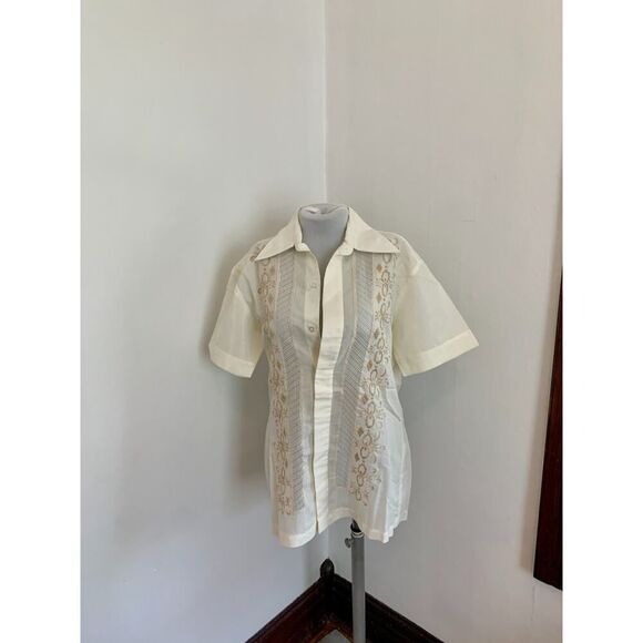 VTG Barong Tagalog Shirt Men’s SMALL Filipino Embroidered Ivory Button Shirt - Picture 6 of 12